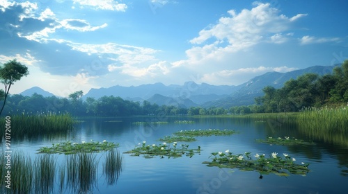 A serene landscape featuring a calm lake, mountains, and lush greenery under a blue sky.