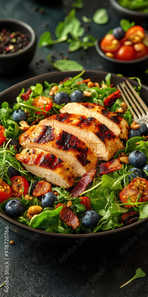Grilled chicken with green salad and berries. AI generative. Grilled chicken with green salad and berries. AI generative.
