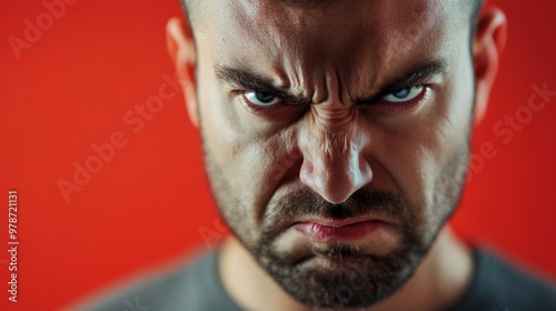 Angry and Expressive Man Located Against Red Background, exhibiting a strong of intense anger