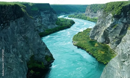 Drone Over Cliffs and Clear River Bend photo