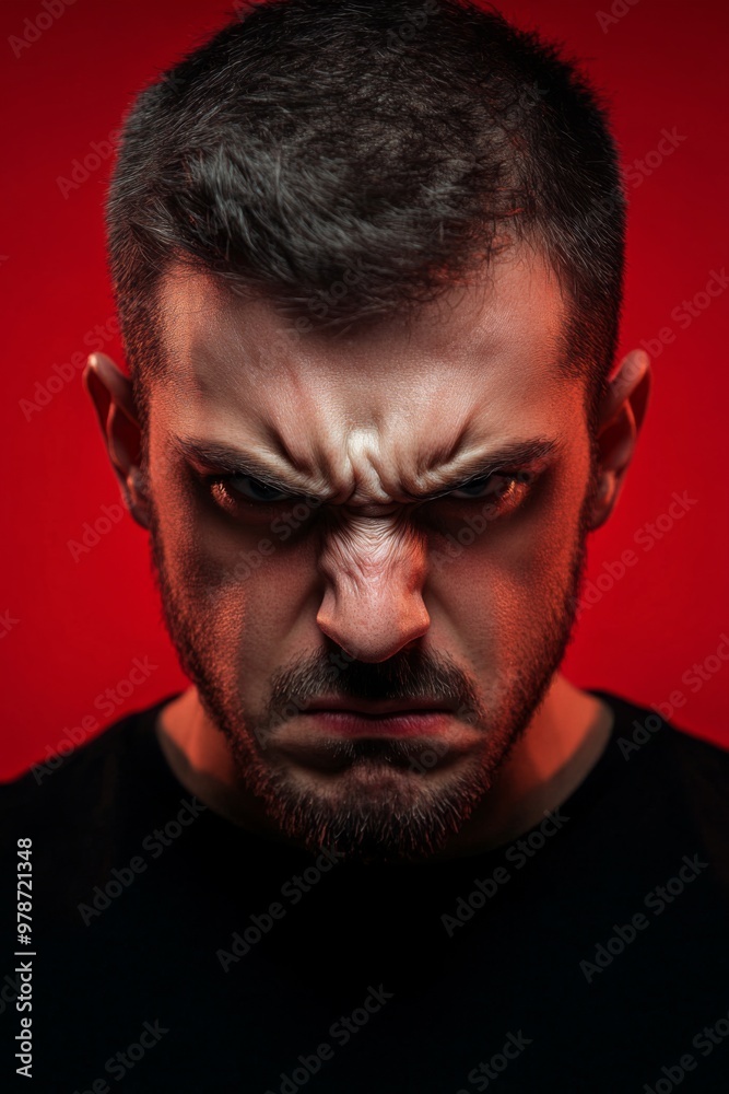 Angry and Expressive Man Located Against Red Background, exhibiting a strong of intense anger Angry and Expressive Man Located Against Red Background, exhibiting a strong of intense anger