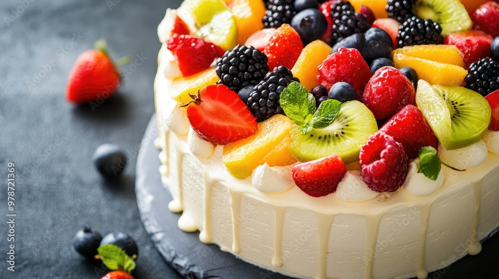 Light cream cake decorated with fresh seasonal fruits, arranged beautifully for a delicious and vibrant dessert Light cream cake decorated with fresh seasonal fruits, arranged beautifully for a delicious and vibrant dessert
