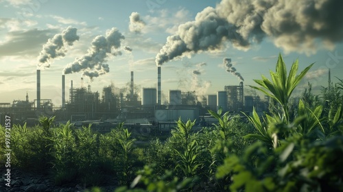 Lush green plants growing near a factory, with smokestacks releasing pollution into the sky in the background.