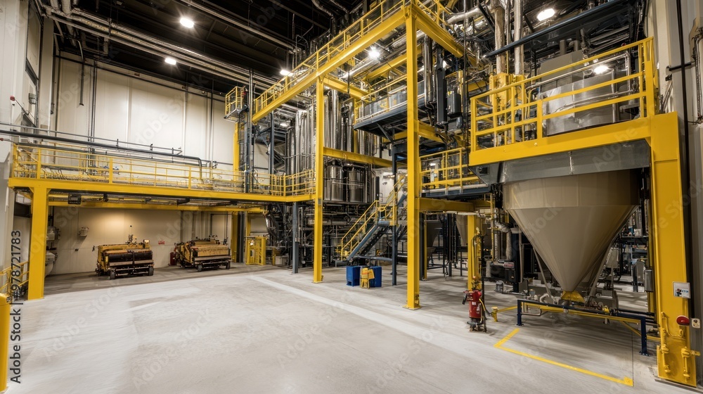Industrial facility with machinery and yellow safety railings for processing materials. Industrial facility with machinery and yellow safety railings for processing materials.