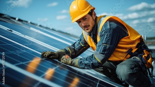 Wallpaper Mural Engineer working on solar panel installation. Engineer in safety gear works on installing solar panels, highlighting the process of constructing sustainable energy systems. Torontodigital.ca