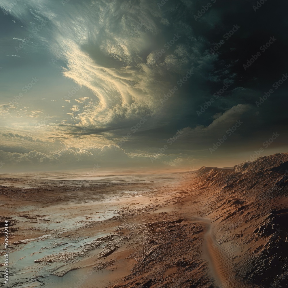 Martian surface with rough, craggy terrain and swirling clouds in the sky, the ground stretching into the distance Martian surface with rough, craggy terrain and swirling clouds in the sky, the ground stretching into the distance