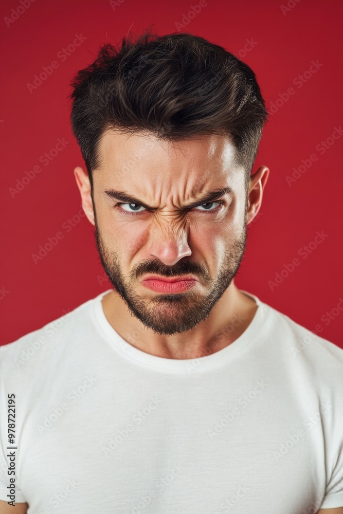 Angry and Expressive Man Located Against Red Background, exhibiting a strong of intense anger Angry and Expressive Man Located Against Red Background, exhibiting a strong of intense anger