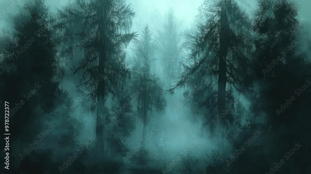 Mist drifting through a dark forest, creating an eerie, otherworldly atmosphere among the towering trees Mist drifting through a dark forest, creating an eerie, otherworldly atmosphere among the towering trees