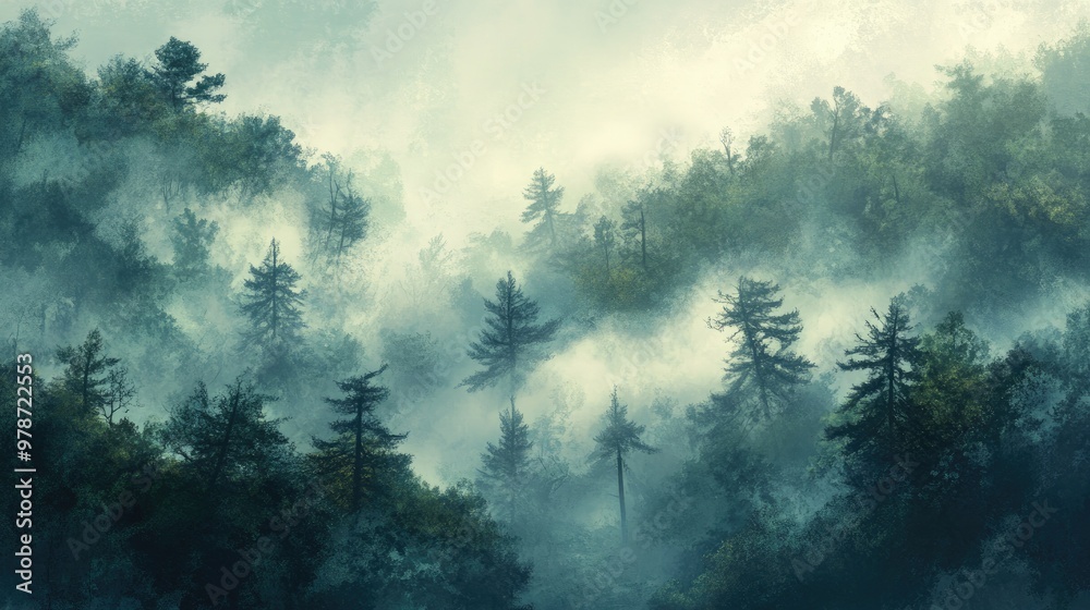 Mist rising through the trees of a forest, creating a dreamy, mystical landscape bathed in fog Mist rising through the trees of a forest, creating a dreamy, mystical landscape bathed in fog