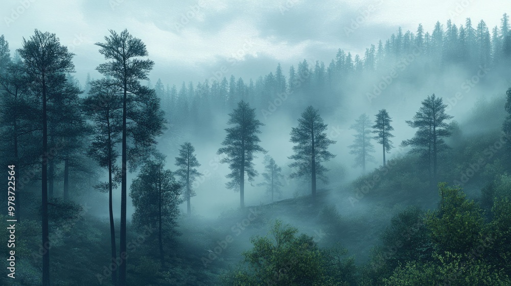Misty fog covering a quiet forest of pine trees, with an atmospheric sense of mystery and calm Misty fog covering a quiet forest of pine trees, with an atmospheric sense of mystery and calm