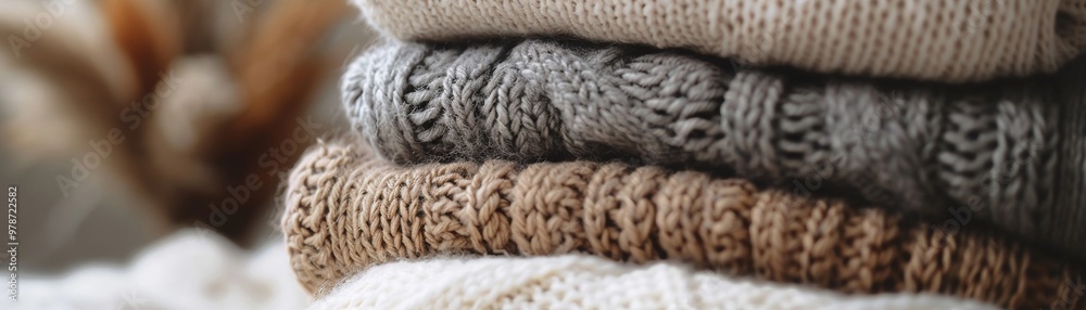 Cozy knit sweaters stacked together, highlighting textures and warmth for winter fashion and comfortable living.