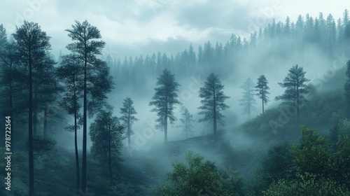 Misty fog covering a quiet forest of pine trees, with an atmospheric sense of mystery and calm