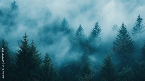 Misty fog covering a quiet forest of pine trees, with an atmospheric sense of mystery and calm