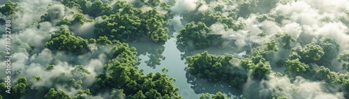 Aerial view of lush green forest with river and clouds, showcasing vibrant nature and serene landscape.