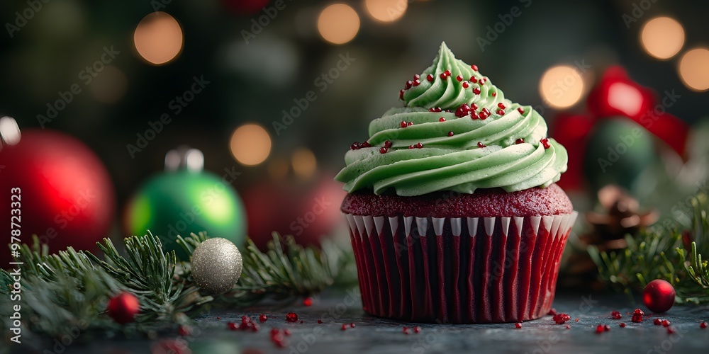 A festive Red velvet cupcake with green frosting ,blurry background, capturing the charm of holiday A festive Red velvet cupcake with green frosting ,blurry background, capturing the charm of holiday