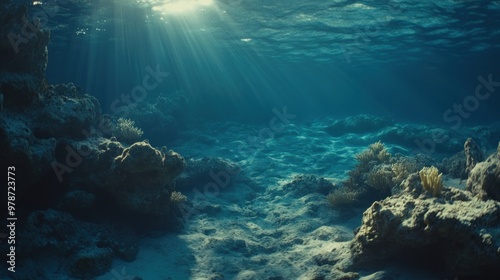 Wallpaper Mural Underwater scene with sunlight rays illuminating the ocean floor and coral formations. Torontodigital.ca
