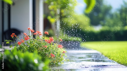 individuals practicing sustainable water management, like rainwater harvesting, greywater recycling, or smart irrigation systems, in a clean photo
