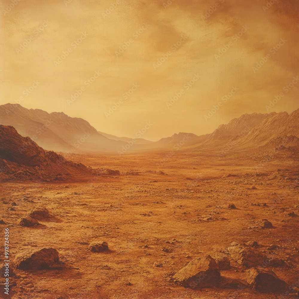 Naklejka premium PNG of a barren Martian landscape with rugged red rocks and distant mountains under a dusty, orange sky