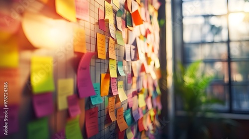 Colorful sticky notes on a wall with sunlight streaming in. Perfect for business brainstorming and planning sessions 