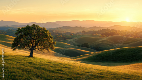 Serene landscape at sunset with rolling hills, an oak tree in the foreground, and warm golden sunlight illuminating the scene photo