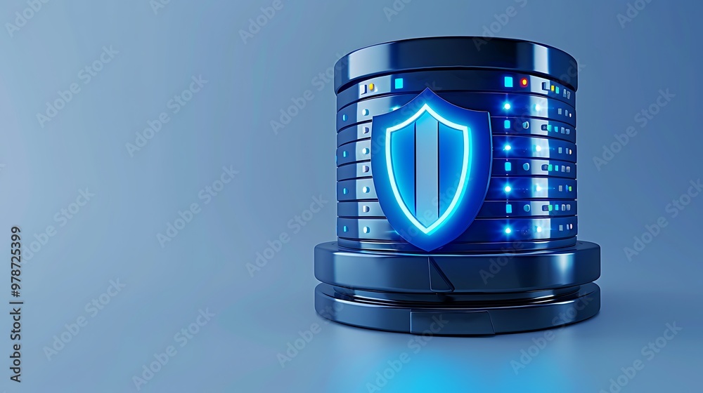 Futuristic data storage unit with a blue shield symbolizing cybersecurity and protection of digital information. Futuristic data storage unit with a blue shield symbolizing cybersecurity and protection of digital information.