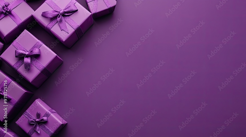 Purple gift boxes arranged neatly on a purple background, with plenty of copyspace for text or design elements Purple gift boxes arranged neatly on a purple background, with plenty of copyspace for text or design elements