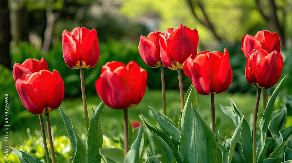 Red tulip flowers blooming in a garden, set against a vivid green backdrop, creating a fresh and colorful floral scene Red tulip flowers blooming in a garden, set against a vivid green backdrop, creating a fresh and colorful floral scene
