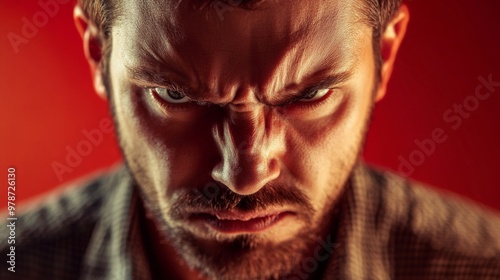 Man displays a fierce and intense expression of anger on red backdrop