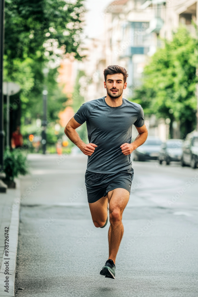 male athlete runs in the city. AI generative. male athlete runs in the city. AI generative.
