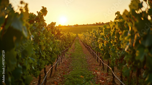 Expansive vineyard rows with lush grapevines basking in the warm glow of sunset over a tranquil countryside landscape