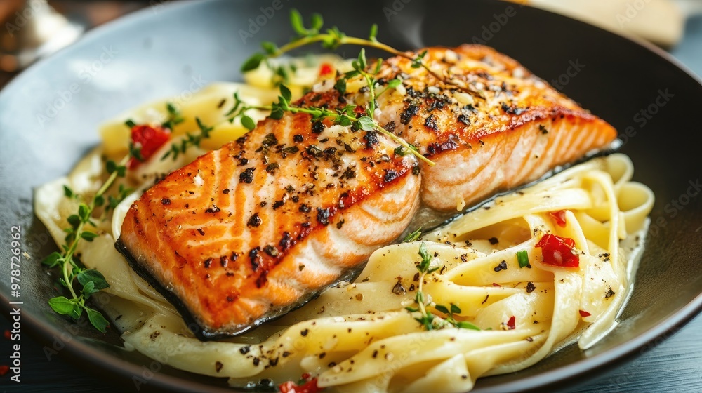 Salmon fillet placed on a bed of hot pasta, with vibrant herbs and sauce adding flavor to the dish Salmon fillet placed on a bed of hot pasta, with vibrant herbs and sauce adding flavor to the dish