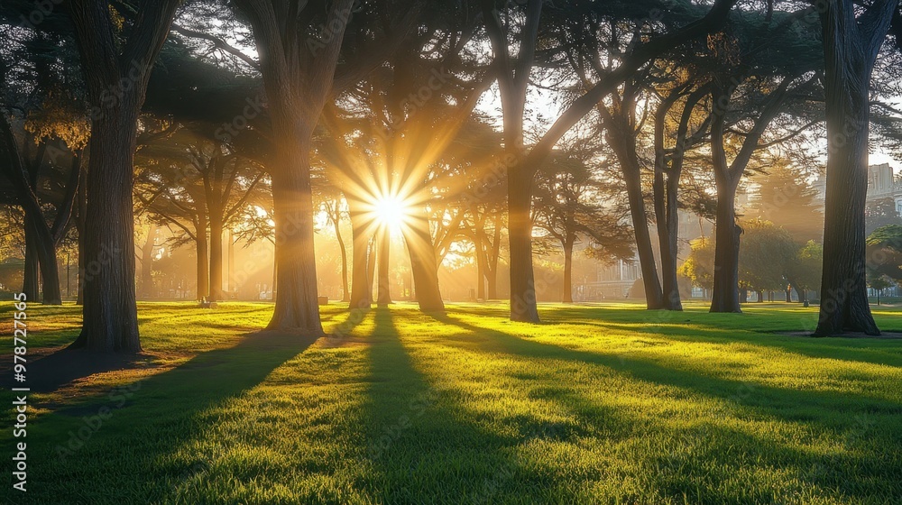 Obraz premium The bright sun is shining beautifully through the trees in a serene park