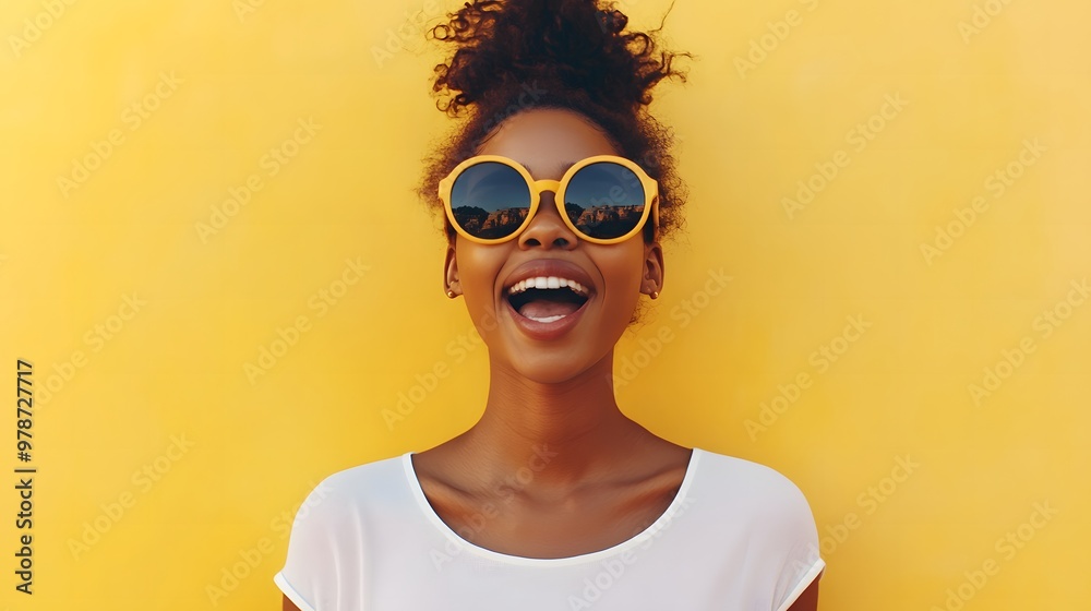 Photo of cute woman standing wearing yellow glasses wearing white t-shirt, isolated on bright yellow background Photo of cute woman standing wearing yellow glasses wearing white t-shirt, isolated on bright yellow background