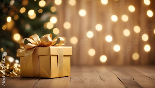 A gold gift box with a golden bow on a wooden surface, with a blurred background of holiday lights.