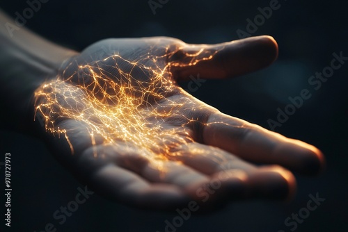 A close-up of a hand illustrates tingling sensations with luminous lines, representing vibrant neural activity.