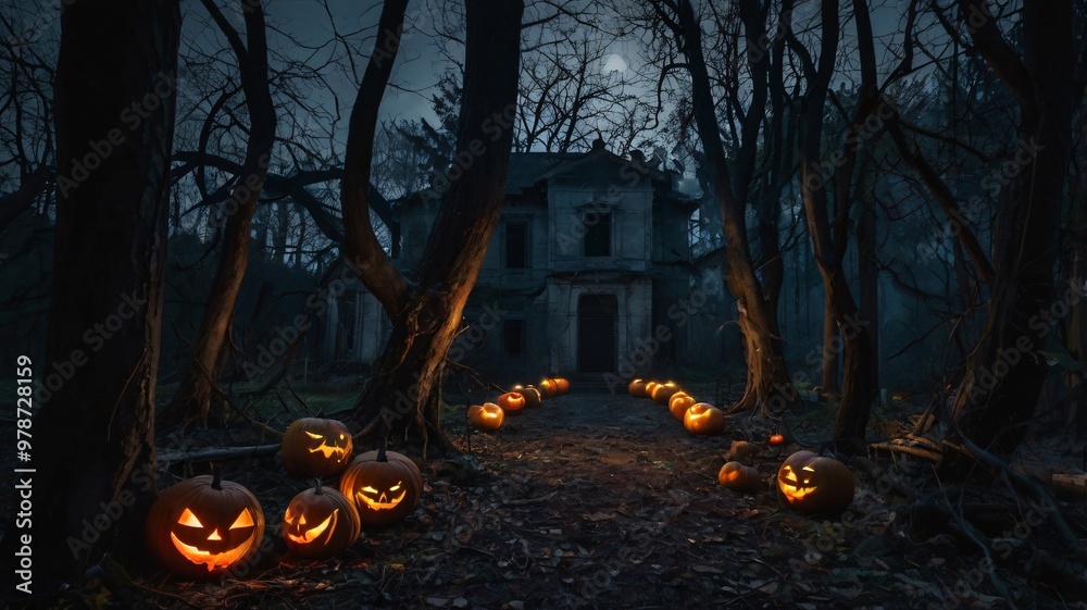 A dark and eerie forest at night 
