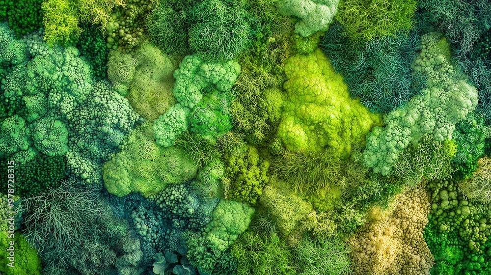 Lush green tapestry of moss and vibrant foliage sprawling across a natural landscape Lush green tapestry of moss and vibrant foliage sprawling across a natural landscape