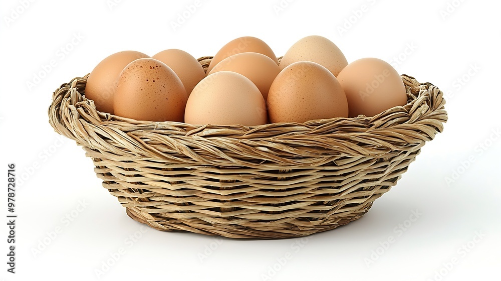 Chicken Eggs in a Woven Straw Basket isolated on white background : Generative AI
