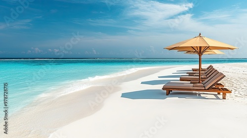 Sunbeds with umbrellas on the white sandy beaches of a luxury resort in the Maldives.