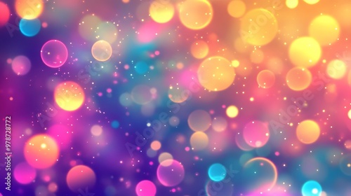 Neon shiny background with multicolored sparkles and circles. Bright fashionable colors of the season - yellow, pink and blue. 