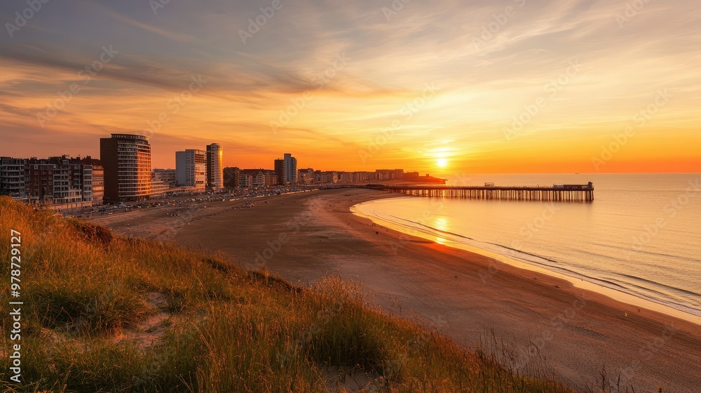 Sunset over the coastal city of Ostend, Belgium, with the beach and pier in view. Sunset over the coastal city of Ostend, Belgium, with the beach and pier in view.