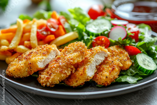 a plate of crispy, golden chicken tenders and seasoned fries. AI generative.