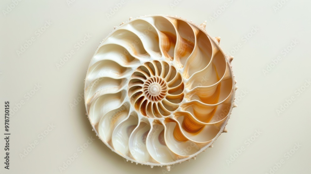 Nautilus shell in closeup, showcasing its iconic spiral pattern. The shell's geometric design is a stunning piece of nature's art. Nautilus shell in closeup, showcasing its iconic spiral pattern. The shell's geometric design is a stunning piece of nature's art.