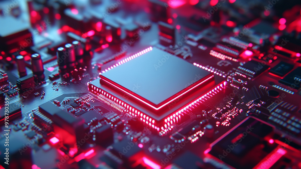 Close-up view of a circuit board with a central processing unit illuminated in vibrant red light