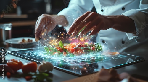 Innovative Culinary Art: A Chef Utilizes Holographic Technology to Create an Exquisite Dish of Fresh Ingredients and Flavors.