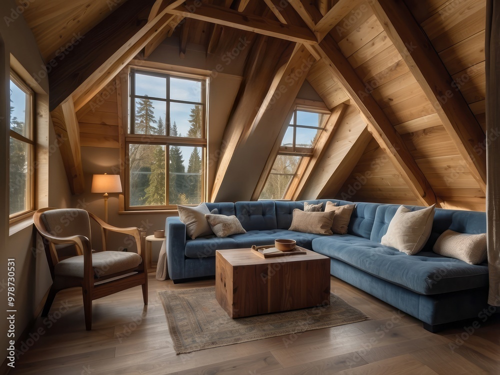 A Cozy Living Room in a Cabin with Wooden Beams and Large Windows A Cozy Living Room in a Cabin with Wooden Beams and Large Windows