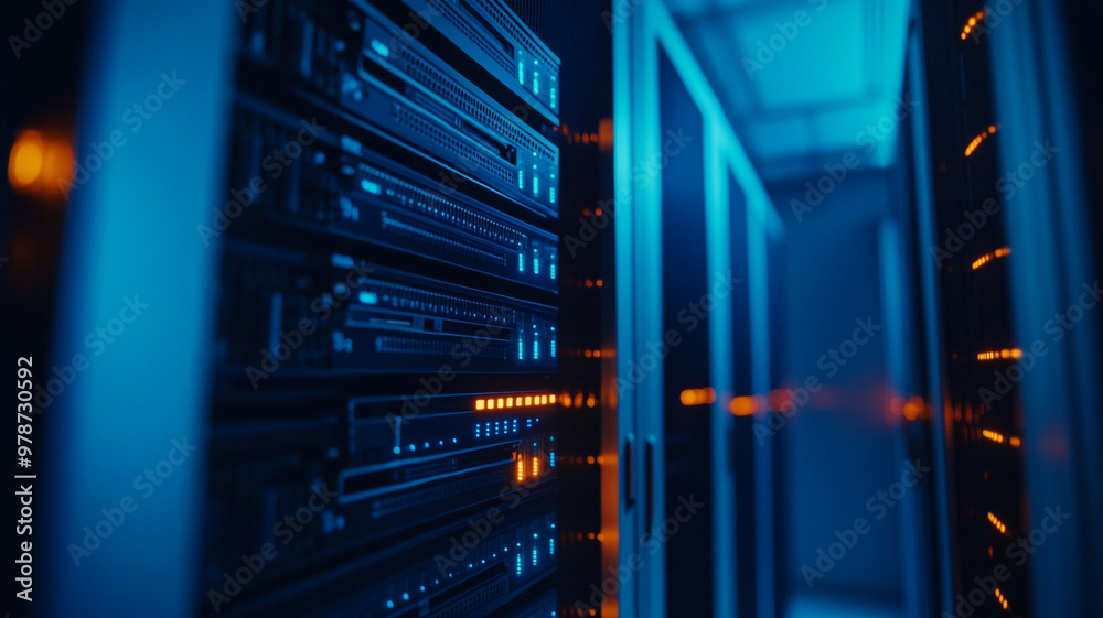 A close-up view of server racks illuminated by blue and orange lights in a modern data center A close-up view of server racks illuminated by blue and orange lights in a modern data center