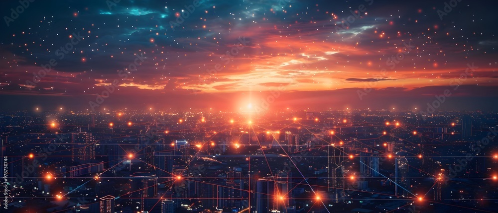 Obraz premium Stunning Urban Sunset Cityscape Illuminated by Networked Lights and Digital Connections | AI Generated