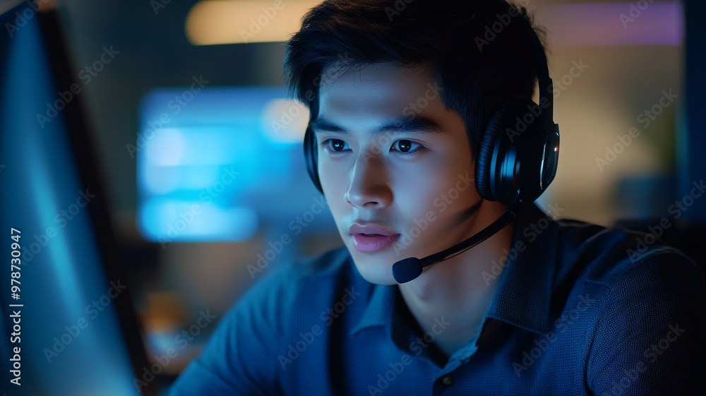 Young man engaged in gaming while wearing a headset and focused on the computer screen at night Young man engaged in gaming while wearing a headset and focused on the computer screen at night