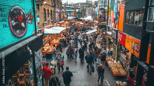 The bustling Camden Market in London with vibrant street art, food stalls, and local vendors.